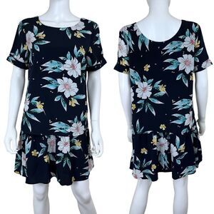 FRNCH Women Size M Blue Floral Mini Shirt Layered Drop Waist Pullover Dress